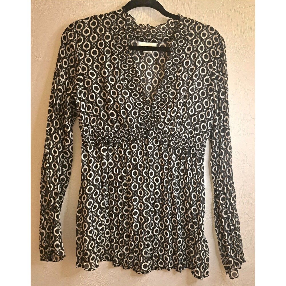 Worthington Vtg Black White Geometric Chiffon Ruffle V-Neck Long Sleeve Blouse M